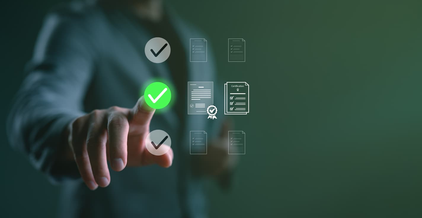 A person in a suit is pointing at a glowing green checkmark icon floating next to digital document icons and a certification seal, representing trust and legitimacy in online lottery services. Is-Lotto-Nuts-Legit-Verification